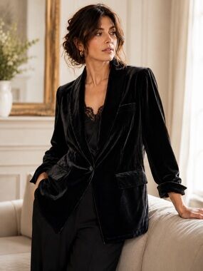 Liz Claiborne Black Velvet Smoking Jacket Blazer 14W Plus Holiday Goth